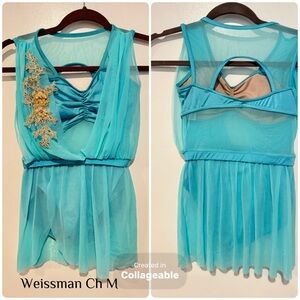 Weissman Teal Dance Dress with Gold Floral Accent